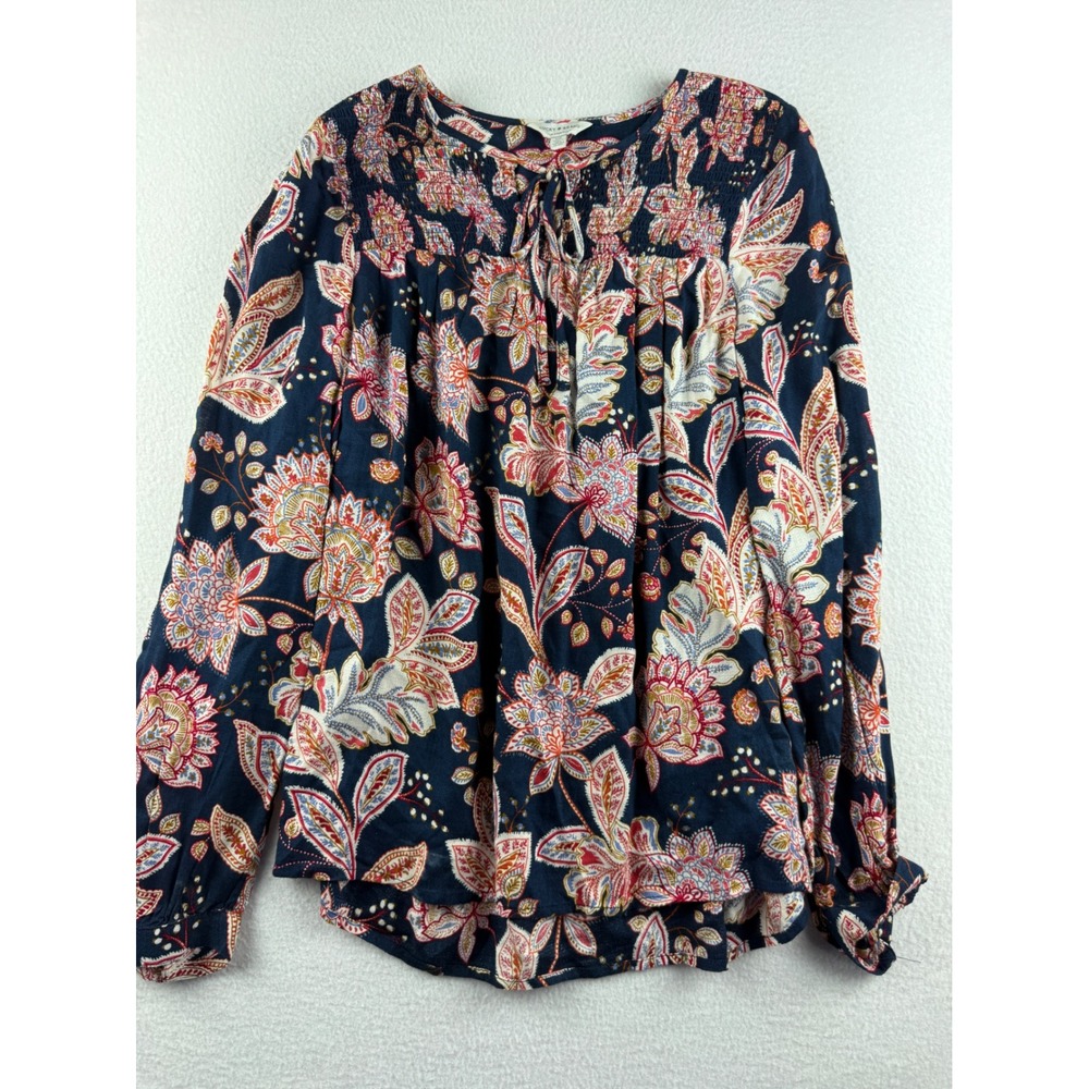 Lucky Brand Womens Navy‎ Blue Floral Paisley Smocked Tie Neck Peasant Blouse S